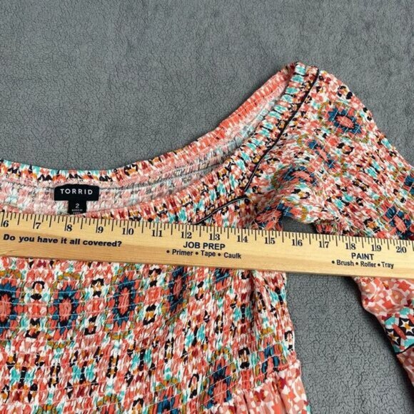Torrid Size 2 Mini Dress With Smocking Bell Sleeves Tags Geometric,Casual.Beach - Picture 6 of 14
